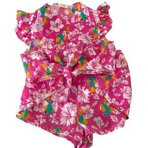 Vintage 80s Rodeo Drive Hawaiian Set 3T Pink Floral Birds Tie Front Top & Shorts